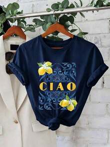 Y2K style,Fashionable styel,2026 newest,cute style,Causal style.Camiseta de manga corta de cuello redondo casual con estampado de "CIAO" y limón, blanca de verano180g(S-XXXL) - Azul marino - Ver 6