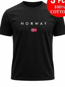 Men's 3-Piece T-Shirt Set, Slim Fit, Breathable And Sweat-Absorbing, For All Seasons, Round Neck, Short Sleeve, With NORWAY Word Print And Norwegian Flag Design, Minimalist Casual T-Shirts For Everyday Wear In Light Colors, Loose And Comfortable For Summer. - White - View 7