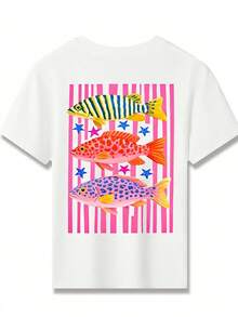 Colorful Tropical Fish Print Girls' Short Sleeve T-Shirt. 180g Comfy Fabric, Round Neck For Spring And Summer. Perfect For School, Casual Wear, Partie - 白色8 - 查看 3