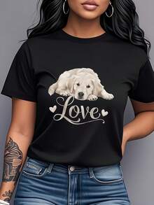 Camiseta con Estampado de Golden Retriever, Manga Corta, Cuello Redondo, Ropa para Mujer, Sencilla y a la Moda, Estilo Casual Versátil, Adecuada para Uso Diario, Fiestas y Citas, Excelente Regalo, Camiseta de Algodón Puro con Estampado para Mujer. - Negro - Ver 7