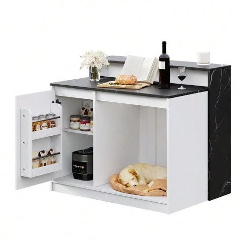 Kitchen Island With Bar Counter, Multifunctional Kitchen Table With Pet Resting Area, For Kitchen And Dining Room, White And Black Marble Look, 120 * 80 * 100 Cm - Black and White - View 1