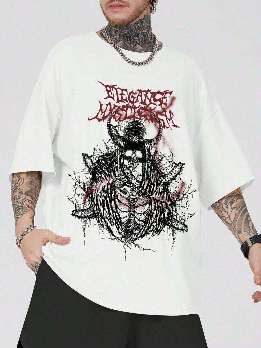 ROMWE MEN Goth Skull Print T-Shirt - White - View 1