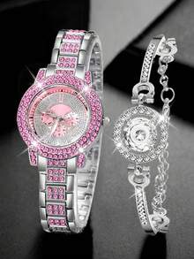 Set de 2 piezas de reloj de cuarzo de acero inoxidable con cristales de moda y pulsera para mujeres - Multicolor - Ver 6