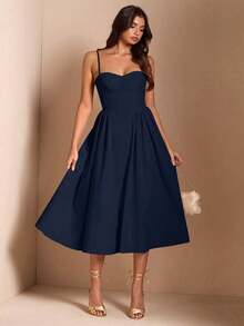 Elegante vestido largo sin mangas con manga abultada para mujer, adecuado para citas diarias, salidas, discotecas, fiestas, temporada de otoño - Azul marino - Ver 6