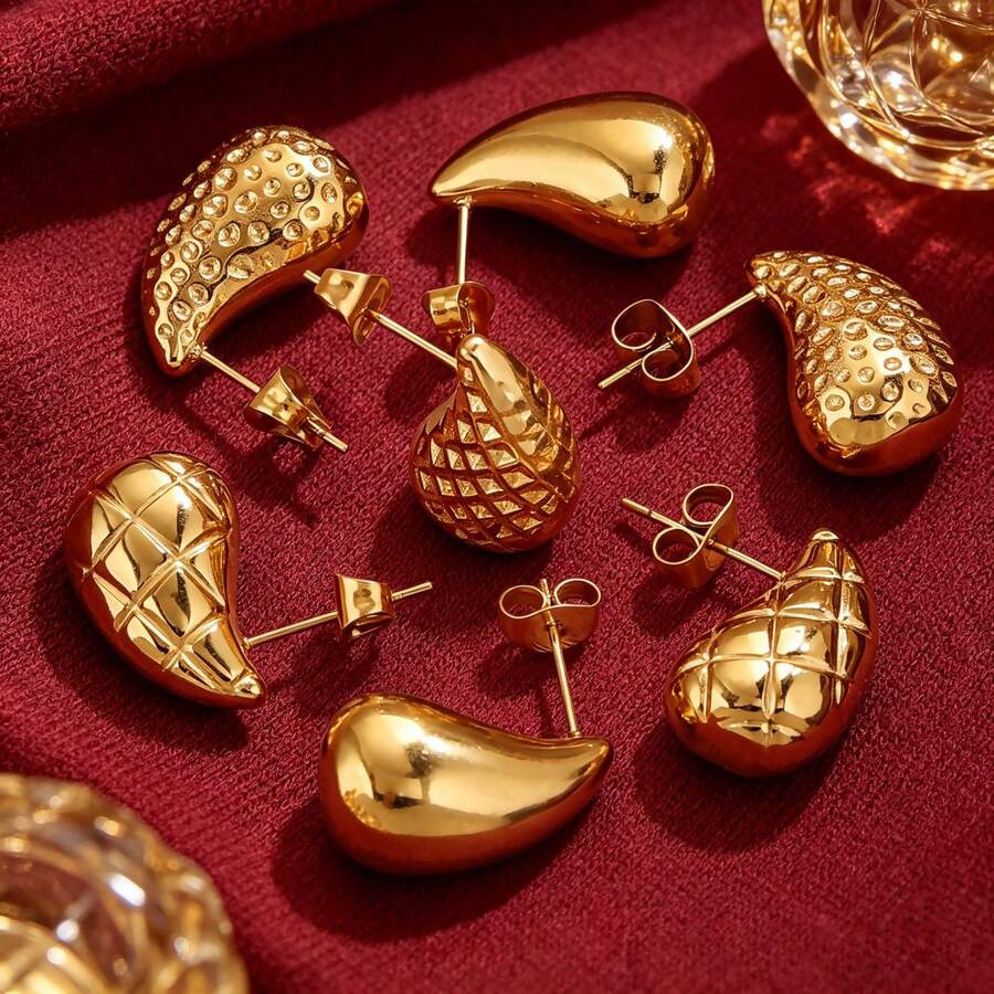 1对18K镀金304不锈钢水滴形耳钉，锤纹几何水滴梨形耳环，女士款，低过敏性，抗褪色 - 耳環 - 查看 1