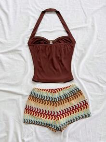 Conjunto informal de 2 piezas con top plisado de cuello halter de unicolor y shorts de bloques de color para mujer - Multicolor 11 - Ver 2