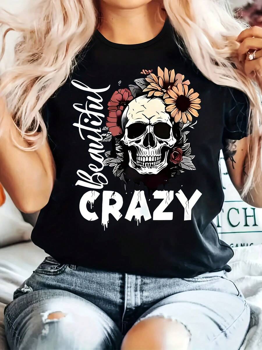 Plus Size Women's Letter Print T-Shirt - Stretch Polyester Fabric, Machine Washable, Round Neck, Short Sleeve, Stylish Black Top. - 黑色 2 - 查看 1