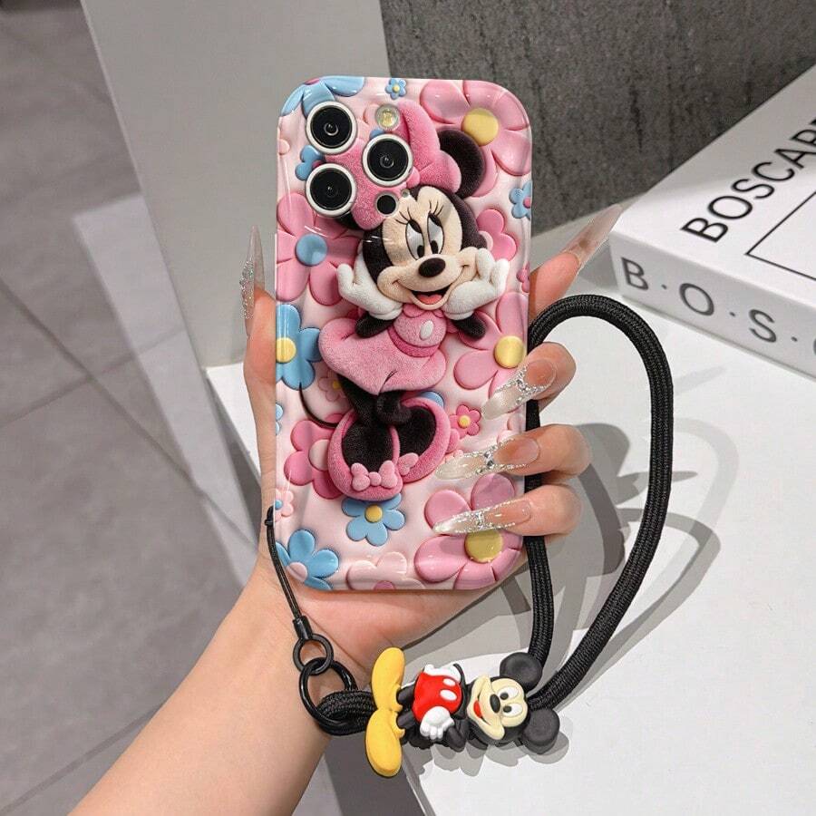 Disney Mickey Mouse Clubhouse Phone Case : 3D Fluffy Pattern Border Protector Phone Soft Phone Case With A Free Cute Mickey Bracelet Chain Lanyard, Mickey, Minnie, Goofy, Donald Duck, Daisy Duck, Pluto, For Apple 17 Promax 17 Pro 16 15 14 13 12 11 Pro Max XS Max X XR Soft Cover Summer Phone Case - 白色 - 查看 1