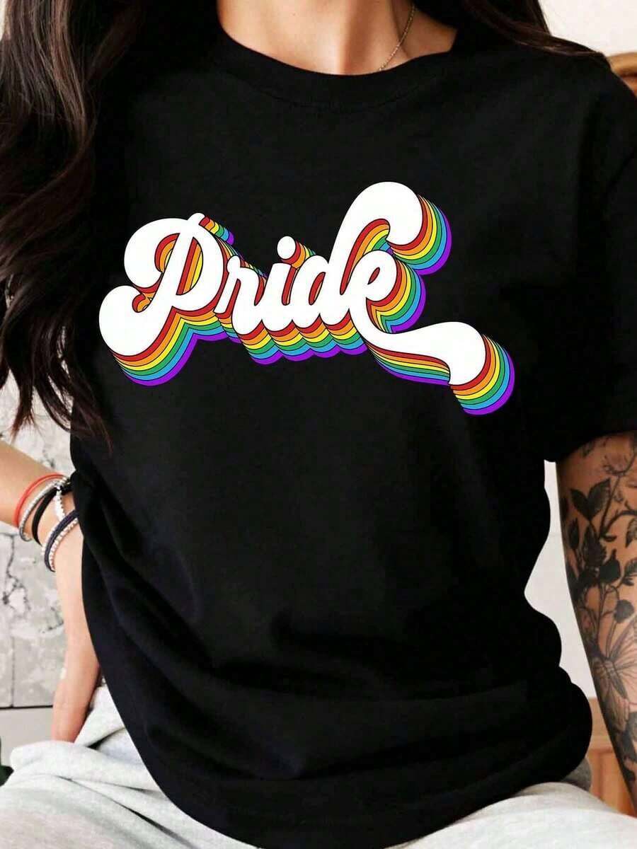1 camiseta gráfica Pride Rainbow para mujer, unisex, para celebrar el Mes del Orgullo LGBTQ, camiseta de apoyo, ropa casual para el Día del Orgullo, 180g, 100% algodón. - Negro - Ver 1