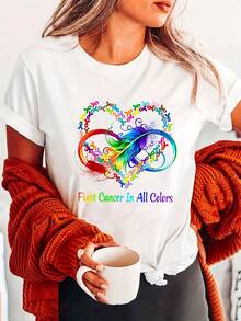 Camiseta estampada con temática del cáncer para mujer - Camiseta casual de manga corta y cuello redondo, decorada con un patrón de la cinta del cáncer, material semitransparente adecuado para uso diario, eventos benéficos y atuendos cotidianos, lavable a máquina (incluye logotipo chino y el título "El cáncer es terrible"), 100% algodón. - Blanco - Ver 7