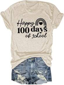 Women's Love Heart Print T-Shirts, Teacher's Day Gift Shirts, Teacher Life T-Shirts, Happy 100 Days Of School Summer Shirt, Short-Sleeve T-Shirt / Short-Sleeve Tee - 杏色 - 查看 8