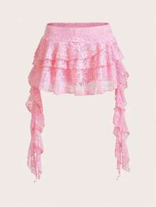 ICON Minifalda con short de  para prevenir la exposición, de talle bajo, estilo vacacional, informal, sexy, de encaje blanco con volantes en el bajo - Rosa - Ver 6