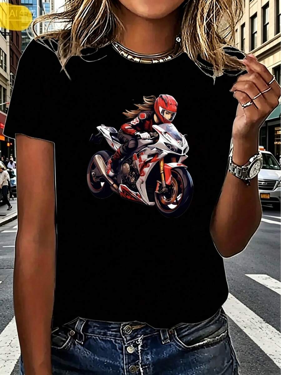 Women's Motorcycle Print T-Shirt - Short Sleeve, Elastic, Round Neck, Comfortable Casual Wear, Suitable For Spring, Summer And Autumn, Urban Style, Ideal For Motorcycle Riding And Everyday Wear. - 黑色 - 查看 1