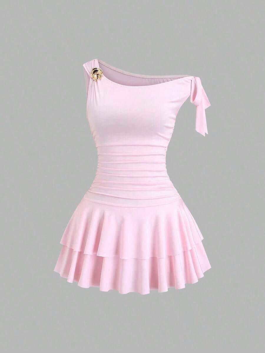 fsfvgsSweetra Vestido de moda con decoración de flor de metal, hombros y bajo fruncidossbfb s OISG - Rosa Pálido 2 - Ver 1