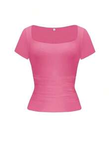 y sexy de punto para mujer Vaiaye, camiseta casual de cuello cuadrado de unicolor, blanco para primavera/verano - Rosa Fucsia - Ver 3