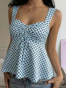 Nueva Colección Primavera/Verano 2026 para Mujer: Blusa/Top sin Mangas con Volantes y Cordón Ajustable, Estampado de Lunares Amarillo Buttercup y Marrón, Estilo Casual y Versátil, Top de Verano - Azul - Ver 3