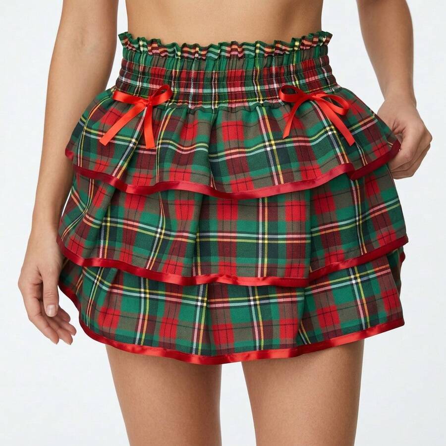 Girls' Checkered Skirt For June Festival, Round And Round, For The São João Festival, Countryside Dance, Square Dance, Costume, Arraiá (Traditional Brazilian June Festival). - 紅色和綠色 - 查看 1