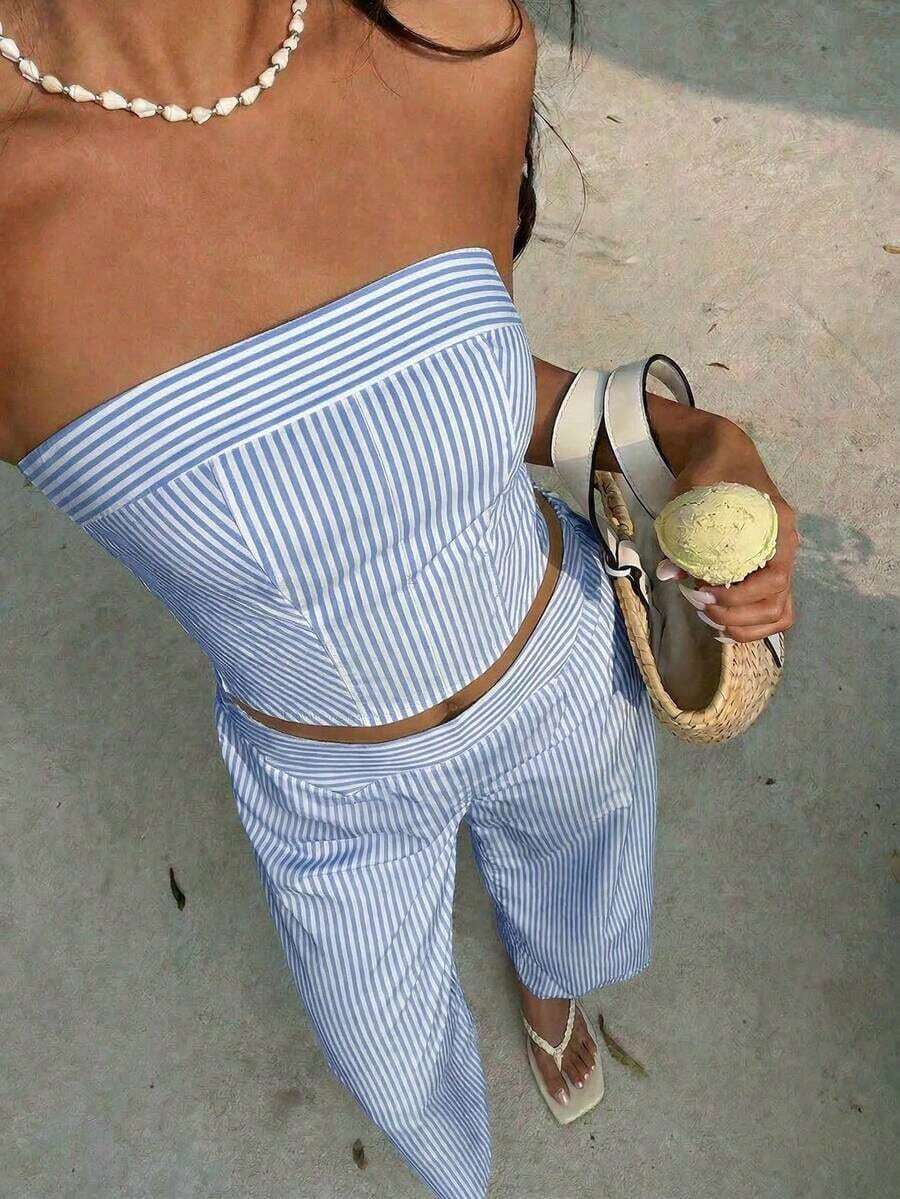 SunnyBelle Conjunto de top bandeau a rayas amarillas y pantalones pitillo de talle alto para mujer, conjunto de vestimenta versátil y de moda para calle y vacaciones, primavera/verano - Azul - Ver 1