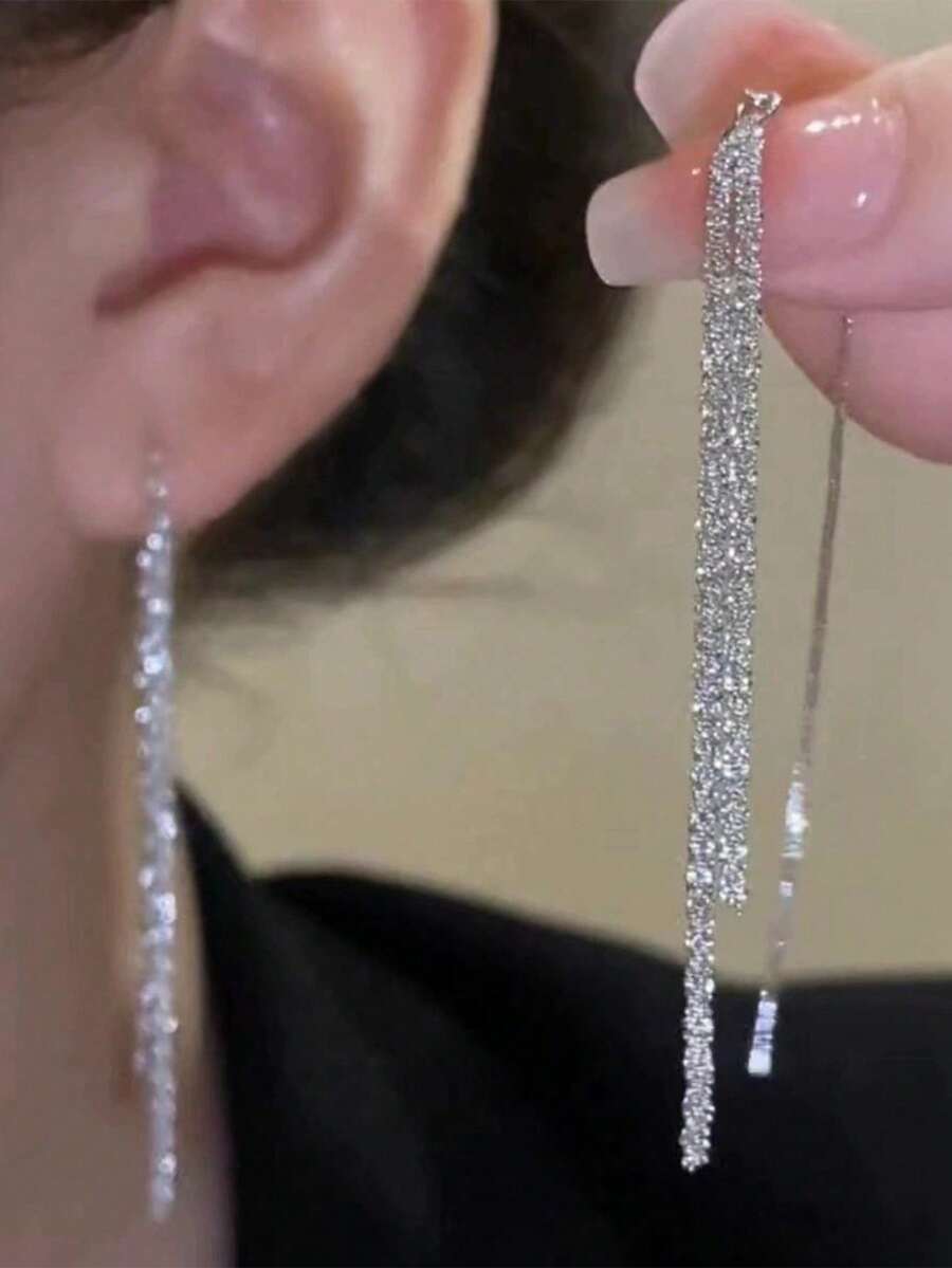 1對時尚百搭閃亮水晶極簡長流蘇耳環,適合女性日常配戴、穿搭搭配、約會、派對、節日禮物、生日禮物 - 銀色 - 查看 1