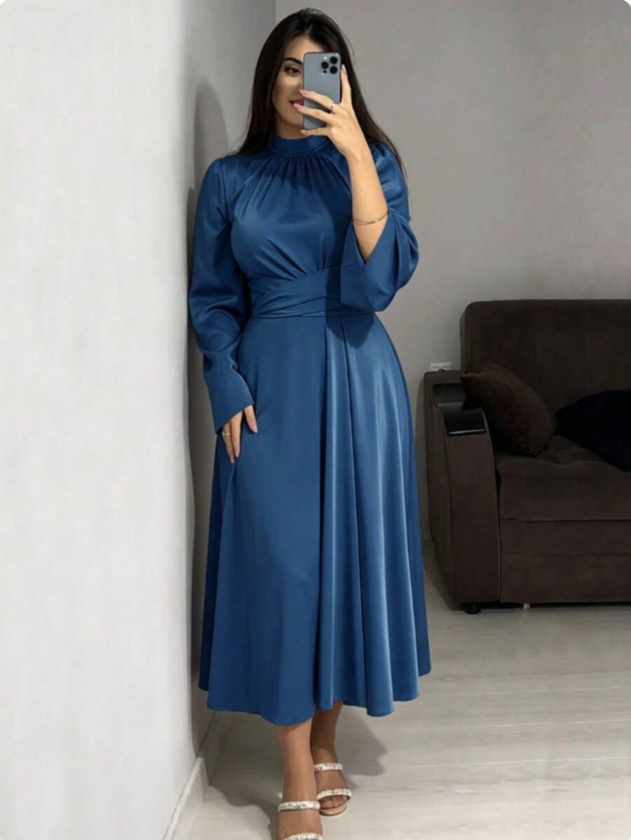 Plus Size Arabic Satin Mid-Length Dress, Stand Collar Long Bishop Sleeve, Ruched Detail - Navy Blue - View 1