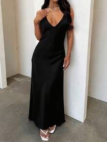 Đầm Look Polly màu đen satin cổ chữ V sâu, dây mảnh, ôm sát cơ thể, kiểu đuôi cá, đầm dạ hội gợi cảm, thanh lịch. - màu đen - Xem 5