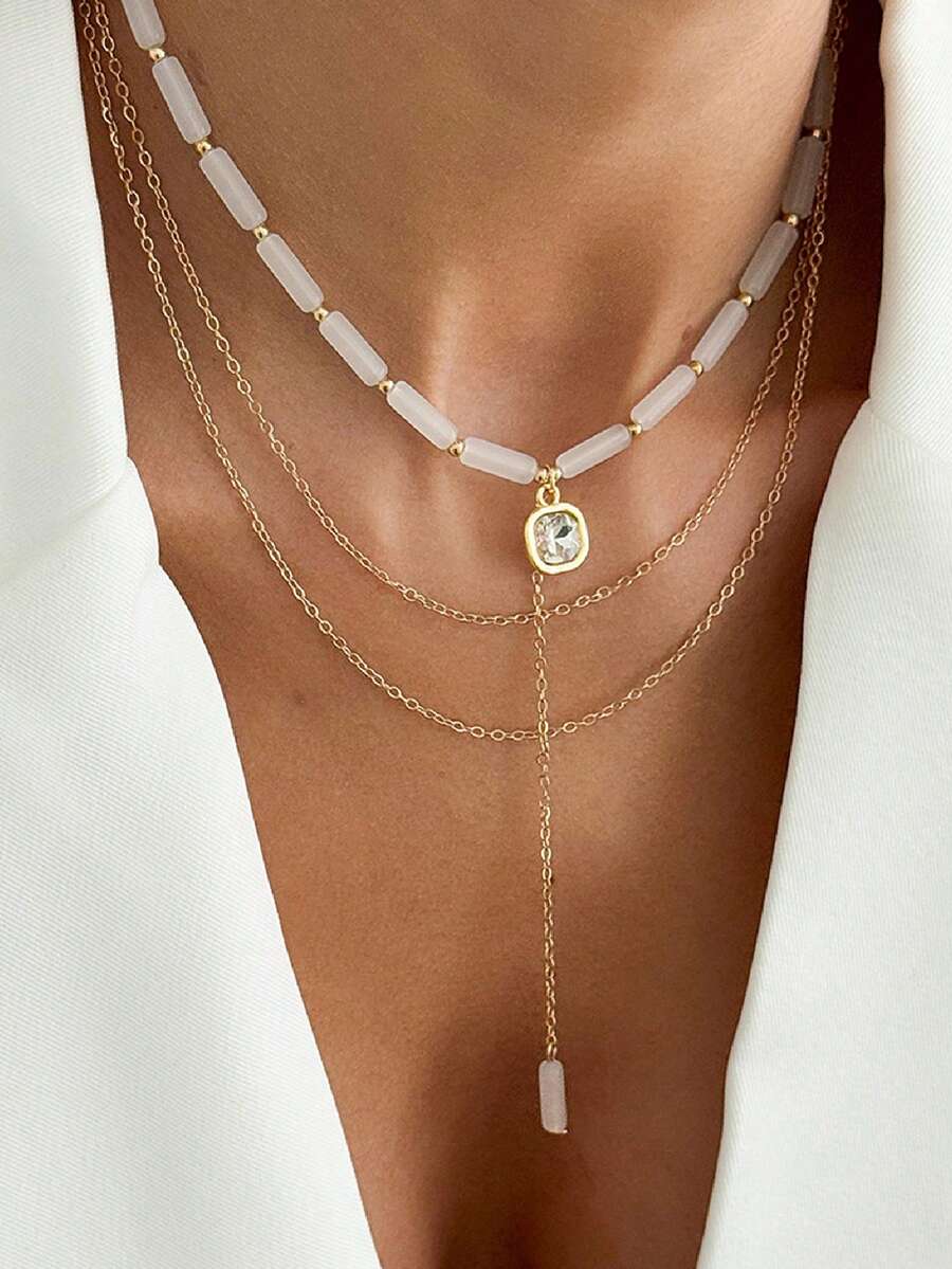 Dây chuyền mảnh đa năng, thời trang và độc đáo. Mặt dây chuyền hình trái tim đính hạt hình học đơn giản, thích hợp để đeo nhiều lớp. - Nhiều màu - Xem 1