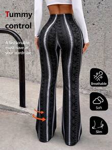 Women's Plus Size Black & Grey Paisley Striped High Waist Flare Leggings, Y2K Streetwear Trousers, Sexy Daily Outfits - 黑色 - 查看 2