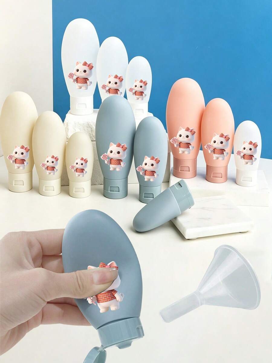 Cute Cat Pattern Travel Squeeze Bottle Set, Refillable Cosmetic Containers, Portable Shampoo, Lotion, Shower Gel Bottles With Funnel, Soft Squeeze Bottles In Multiple Colors, Suitable For Women Business Travel, Vacation, Fitness, Outdoor Use, Lightweight And Easy To Carry, Perfect For Storing Liquid Cosmetics