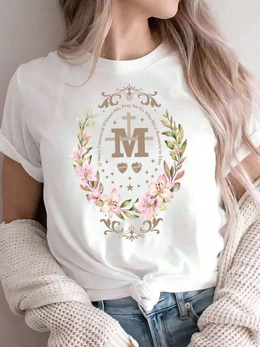 1 Catholic Marian T-Shirt, Catholic Gift, Catholic Marian Religious T-Shirt, Christian Faith Clothing, Floral Religious T-Shirts For Women, T-Shirt With Cross, Cute Summer T-Shirts For Women, Printed Round Neck T-Shirt, Graphic T-Shirts For Women, 180g 100% Cotton, All Designs Are Printed. Unisex. - white002 - 查看 1