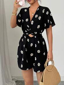 Mameluco con estampado floral para mujer, mameluco casual de manga corta para verano, ropa de mujer de moda para uso diario - T773857 - Ver 2