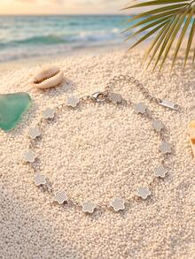 Elegante tobillera de acero inoxidable con textura plateada con trébol de cuatro hojas, joyería minimalista para el pie en vacaciones de playa - Plateado - Ver 4