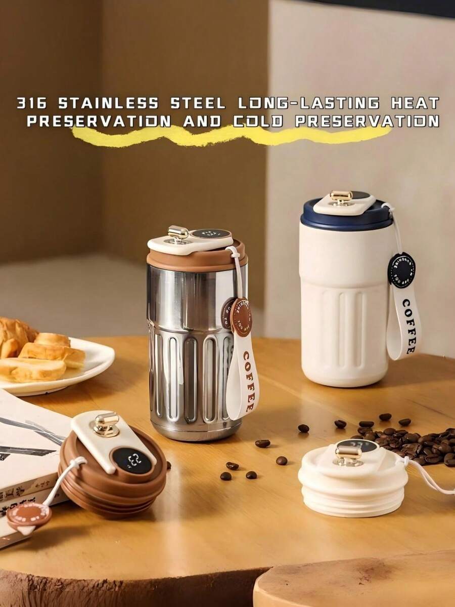 1pc 450ml Stainless Steel Insulated Coffee Tumbler With Carrying Strap, Double Wall Vacuum Sealed Travel Mug, Leak-Proof Reusable Coffee Cup, Keeps Hot/Cold, Non-Slip For Office, Camping & Daily Use