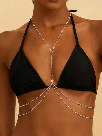 1 pieza Cadena de cuentas ondulada de moda para mujer, accesorio sexy de cadena única, cinturón de cintura multicapa cruzado para bikini, estilo de resort de playa de verano, ornamento de pecho de cadena de cintura (cantidad de cuentas aleatoria)