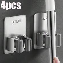 304 Stainless Steel Mop Clip Holder Bathroom Punch-Free Mop Broom Hanging Rack Strong Adhesive Hook Wall Organizer Rack - A-negro-1 unidad - Ver 2