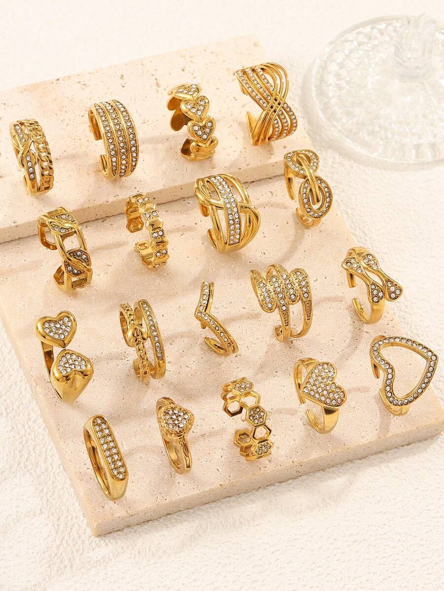2/4/6/8/12pcs Stainless Steel 18K Gold Plated Mixed Pattern Rhinestone Inlaid Open Ring Set, Assorted Styles Randomly Shipped - Yellow Gold - View 1