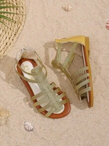 1双儿童复古简约金色亮条纹凉鞋，适合夏季、玩耍、海滩郊游、休闲穿着和户外活动，女童凉鞋，儿童凉鞋，罗马凉鞋，沙滩鞋 - 金色 - 查看 5