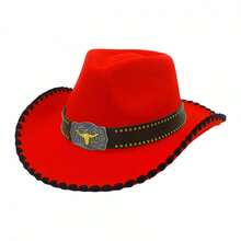 Contrast Trim Cowgirl Hat Stylish Wide Brim Western Hat With Bull Head Belt Casual Felt Jazz Caps For Women Men - Red - View 6