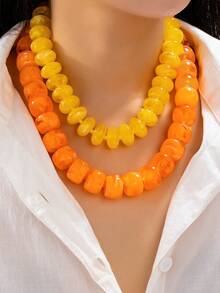 1/2pcs Orange Resin Bead Layered Necklace Set For Women, Large Chunky Acrylic Bead Necklace, Thick Bead Choker - Multicolor - View 7