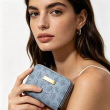 Monedero de mujer con trébol de la suerte en relieve y cremallera doble, billetera de cuero PU, estuche compacto con múltiples ranuras para tarjetas - Azul - Ver 3