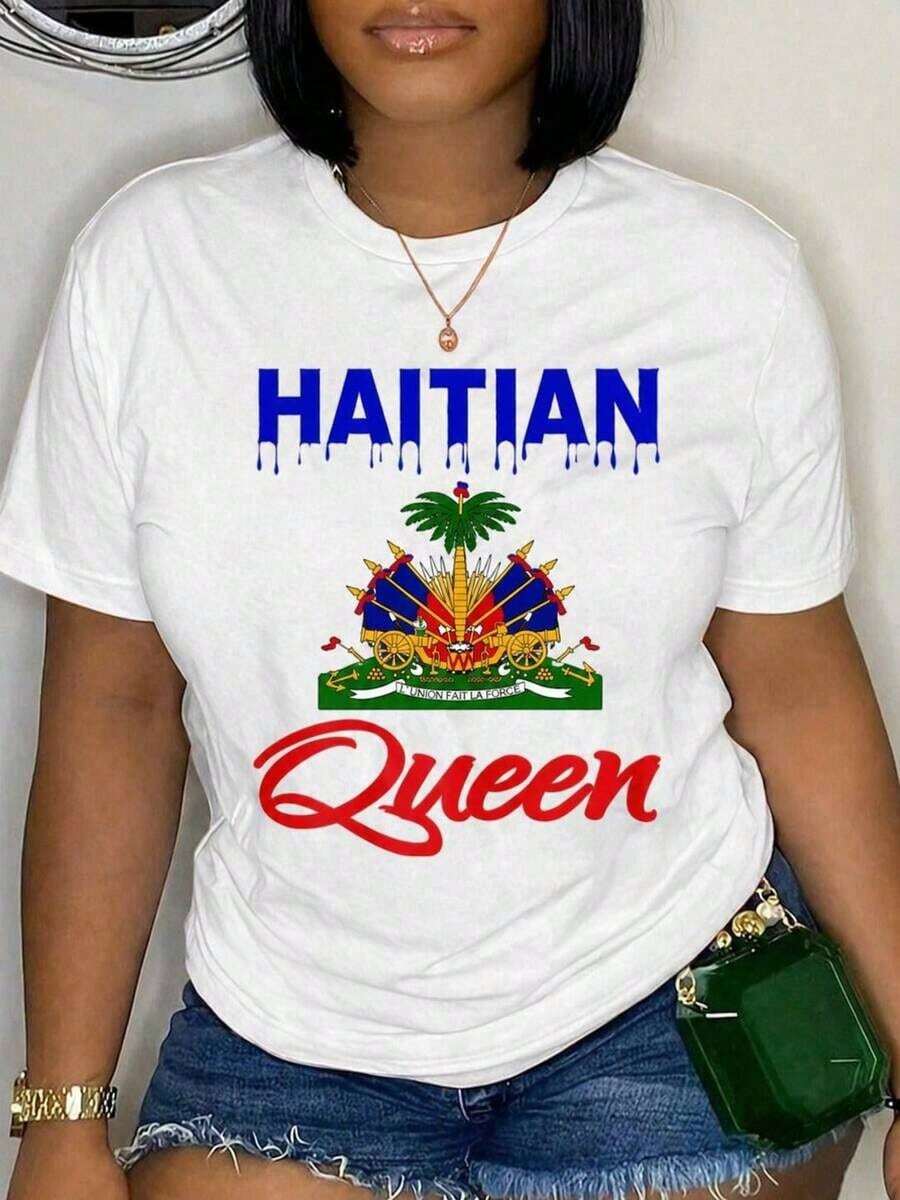 1 pieza Camisa de manga corta con estampado de corona haitiana, de algodón, transpirable, ligera, de corte holgado, estilo casual urbano, 180g, 100% algodón. - Blanco - Ver 1