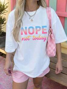 ropa de mujer Camiseta de manga corta con cuello redondo, estilo casual, holgada, con estampado de eslogan simple, nueva colección de verano para mujer, top moderno para el día a día, adecuada para uso diario y de vacaciones.Camiseta de mujer.Negro - Blanco 2 - Ver 8