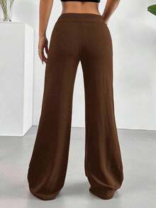 Pantalones rectos con tiro alto y campana sólidos - Café integral - Ver 2