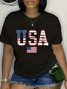 Short Sleeve Round Neck Top With USA Flag Print - Black - View 7