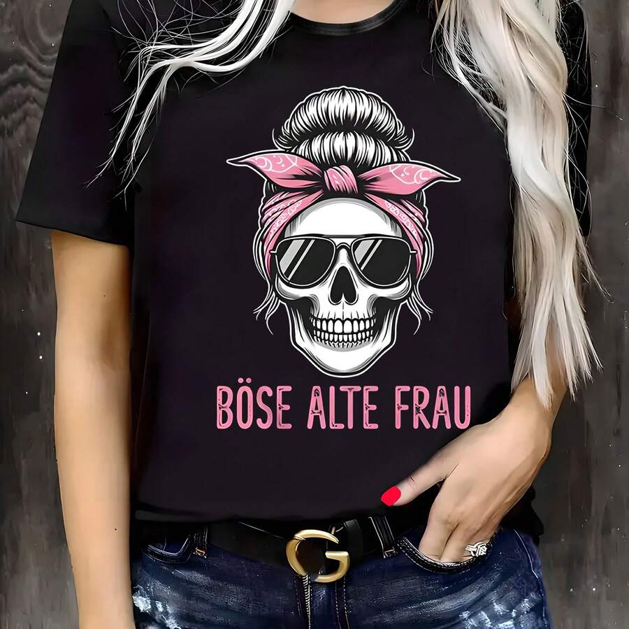 Women's Plus Size Casual T-Shirt, Printed, Round Neck, Short Sleeve, Slightly Stretchy Fabric, Regular Fit, Comfortable For All Seasons, Women's Clothing - 黑色 - 查看 1