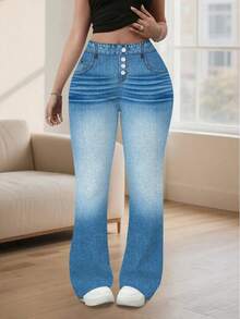 Pantalones Acampanados de Talla Grande con Efecto Degradado Vaquero y Cierre de Botones, Pantalones Casuales Elásticos de Cintura Alta - DK-022 - Ver 1