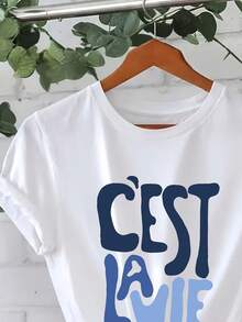 Camiseta de Mujer 100% Estampada - "C'est La Vie" Manga Corta Cuello Redondo, Top Casual, Fondo Blanco con Texto Azul, Corte Regular, Camiseta Primavera/Verano, Camiseta de Mujer, Camiseta de Textura Suave, Tejido Transpirable, Top para Uso Diario, Estilo Casual, Camiseta Ligera, Camiseta Estampada, 100% Algodón - Blanco - Ver 4
