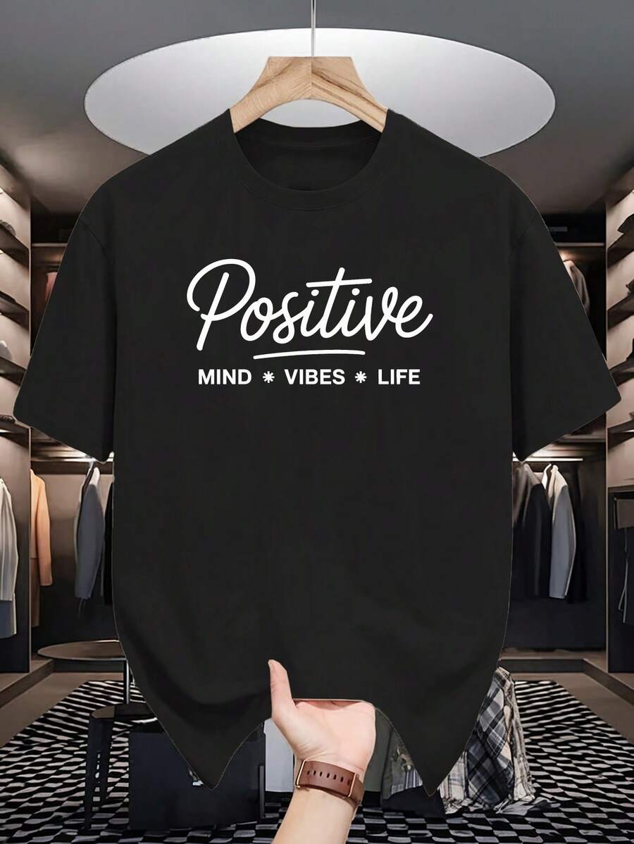 0330 POSITIVE MIND VIBES LIFE Men's Summer Short-Sleeved T-Shirts, Fashionable And  Printed Men's Bottoming Shirts, Male Teenagers' Spring And Summer Round Neck Casual Versatile Tops - 白色 - 查看 1