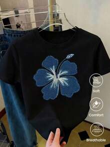 Camiseta de manga corta estampada para mujer. Perfecto para citas, desplazamientos diarios y salidas informales. Diseño clásico minimalista de cuello redondo, fácil de combinar y se adapta a todo tipo de cuerpos. - Negro - Ver 2