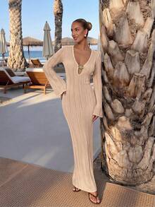 Nuevo vestido largo de punto con cuello en V rosa para mujer, decoración floral boho Y2K con lazo, atuendo sexy y elegante de verano para vacaciones en la playa & fiesta - Camello rosa - Ver 10