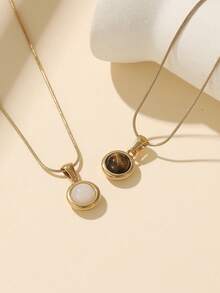 1pc Stainless Steel Golden Round Pendant Necklace, Inlaid With Tiger Eye And White Gemstones, Available In Preferred Colors, Suitable For Women's Daily Decoration Or Gift - Small Round - View 1